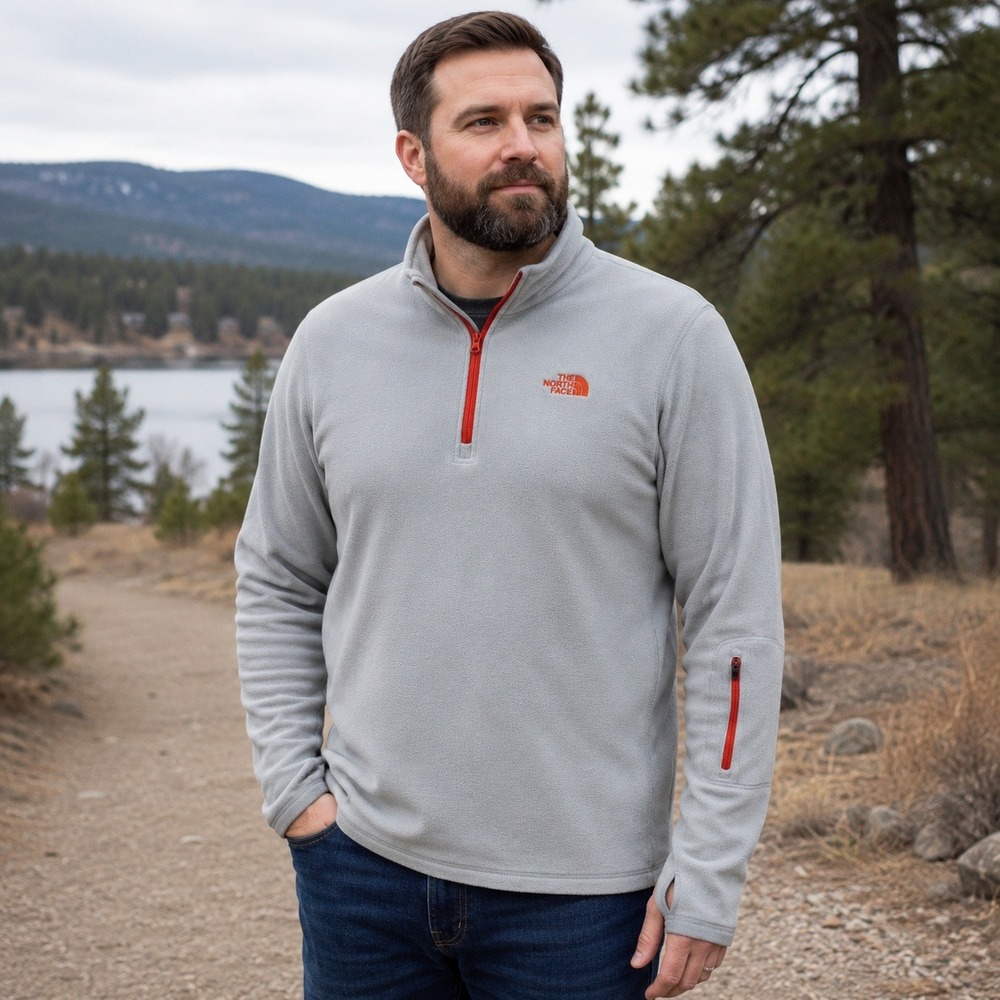 The North Face Men's XL Gray Quarter Zip Fleece Pullover Orange Logo